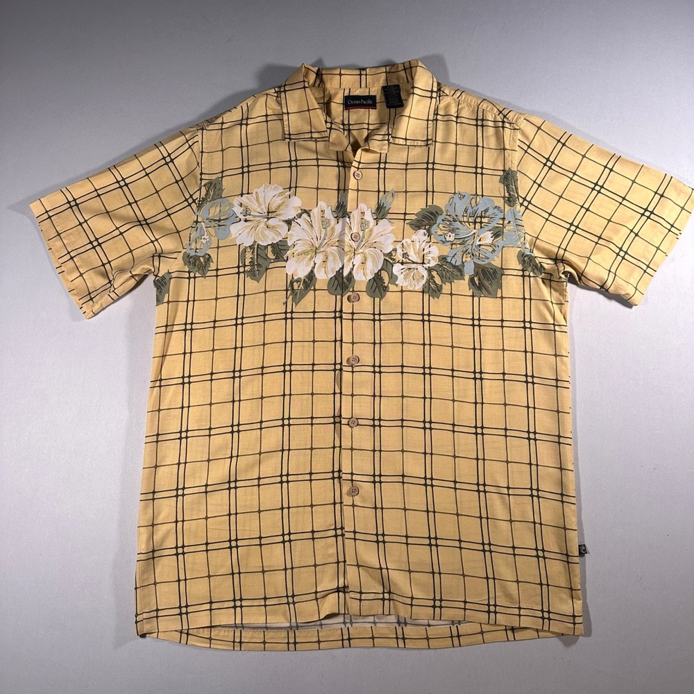 Ocean Pacific Hawaiian Shirt Mens L Yellow Rayon Floral Plaid Surf Camp Y2K Vtg